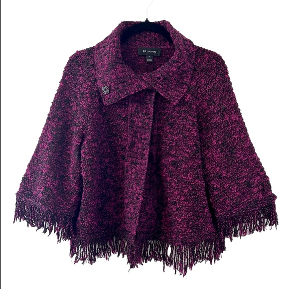 NWOT St. John Cardigan Knit Fringe Black Burgundy jacket - Picture 1 of 15